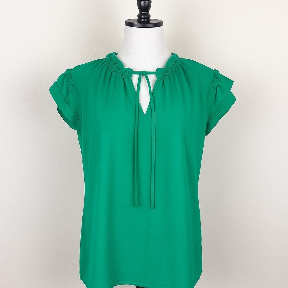 NY Collection Women’s Green Flutter Sleeve Blouse with Tie Front Size M - Picture 2 of 10